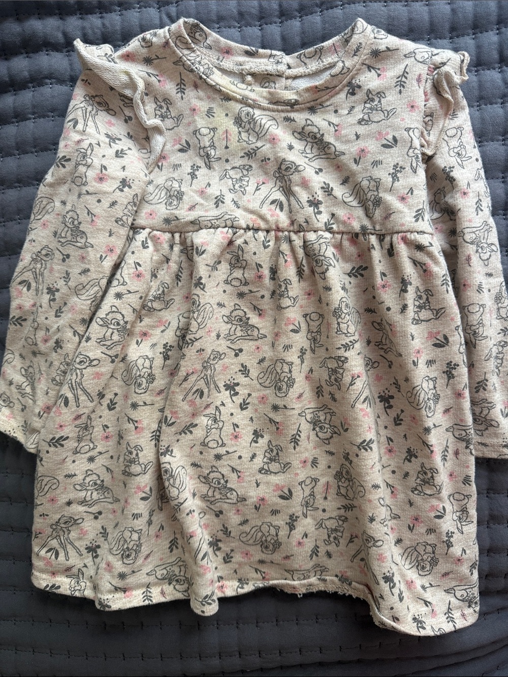 Disney Baby Cream Dress with Gray Woodland Sketches and Pink Floral Accents